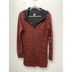 Overland Woman's Full Zip Wool Blend Hooded Knit Jacket Thumbholes Fitted Hiking